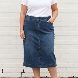 Y2K Denim Midi Skirt Womens 16 Blue Straight Back Vent Western Cowgirl Rodeo